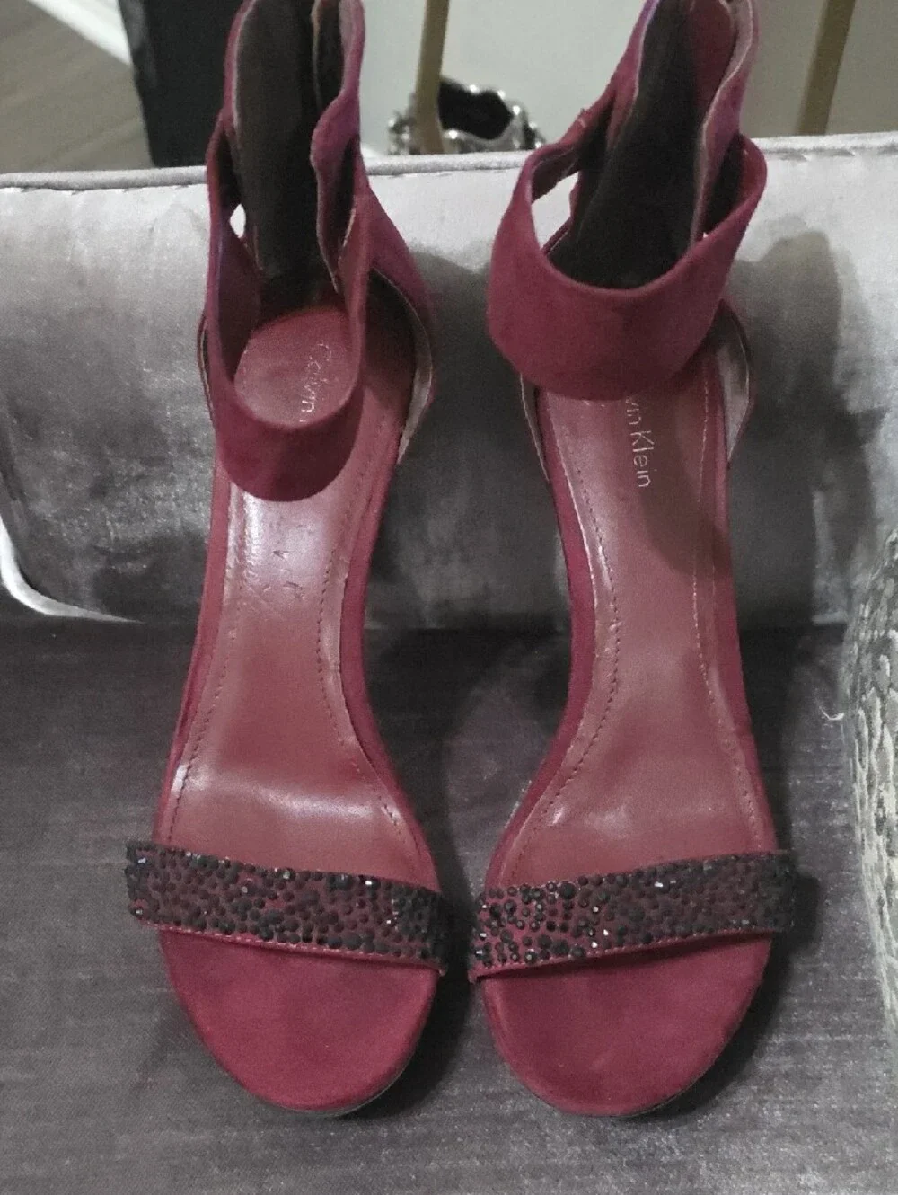 Calvin Klein Burgundy Suede Stiletto Sandals with Embellished Strap